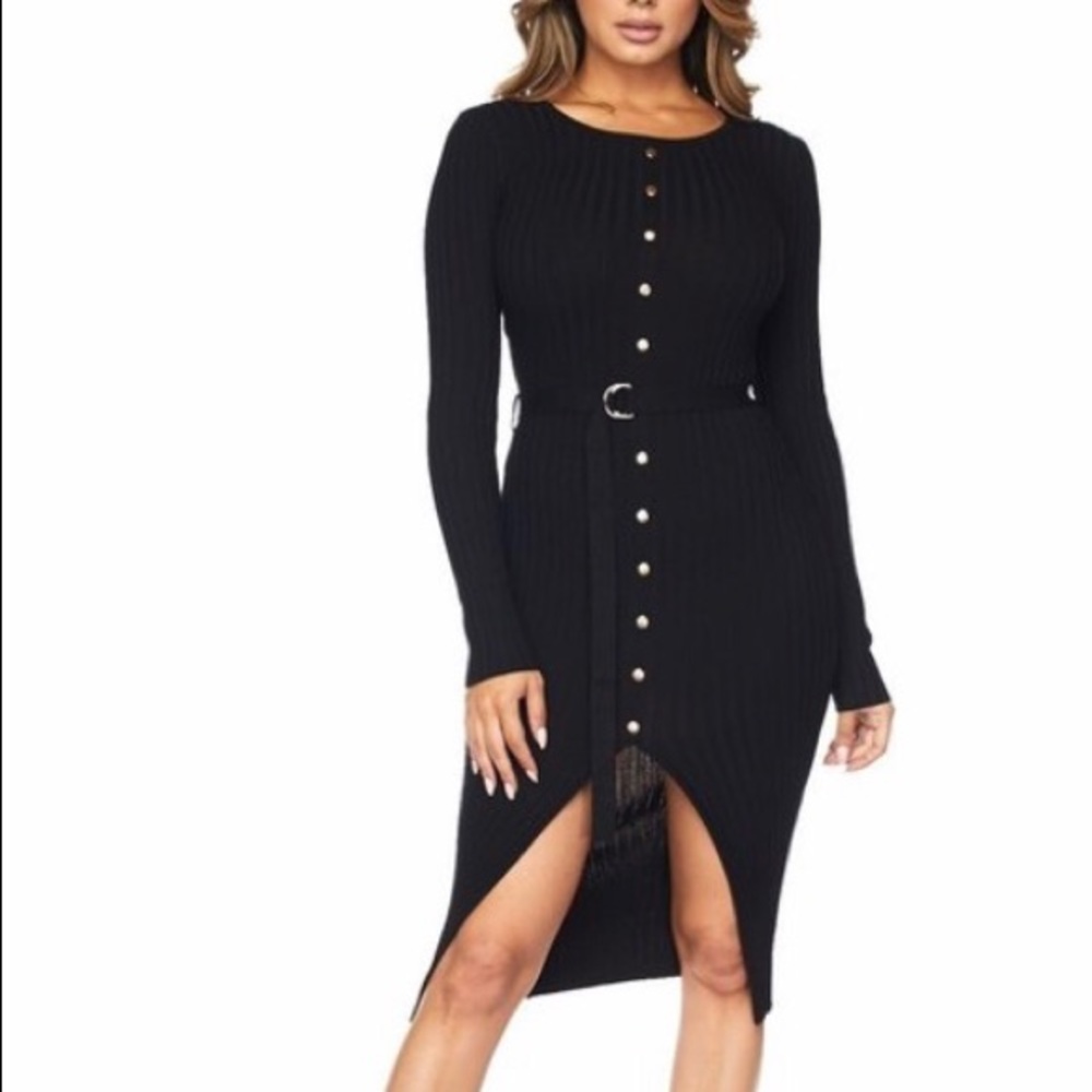 ‼️ Black Gold Button Midi Waist Tie Sweater Dress - Picture 1 of 5